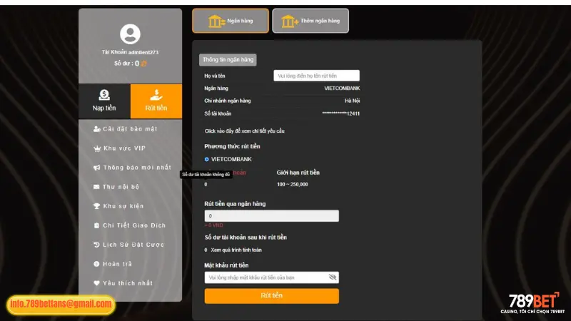 Rút tiền tại nhà cái 789BET qua tài khoản ngân hàng